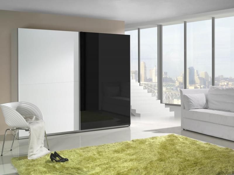 Černo bílá šatní skříň Lux 2 s posuvnými dveřmi vysoký lesk 244 cm