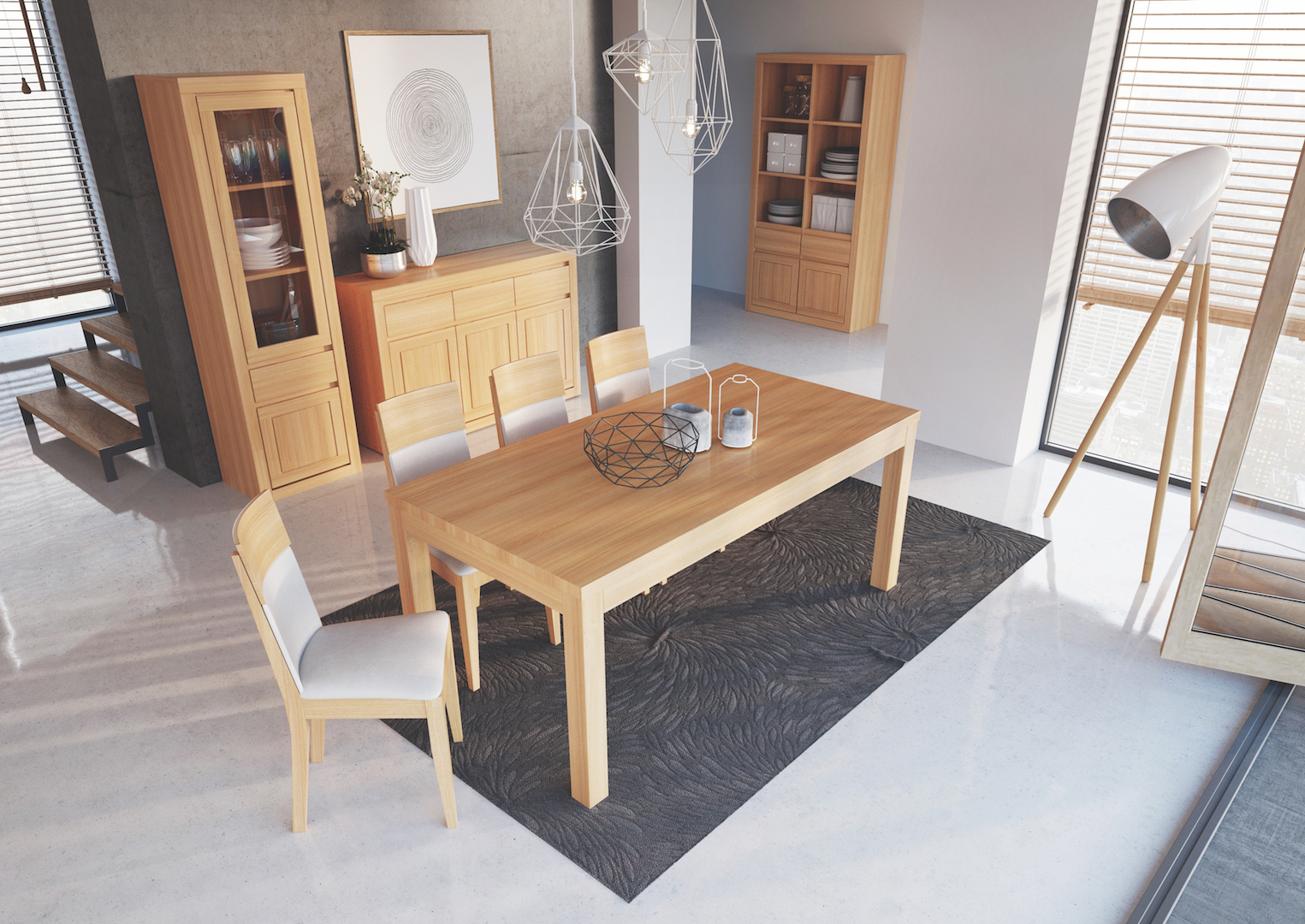 Obývací pokoj s jídelní sestavou z bukového dřeva