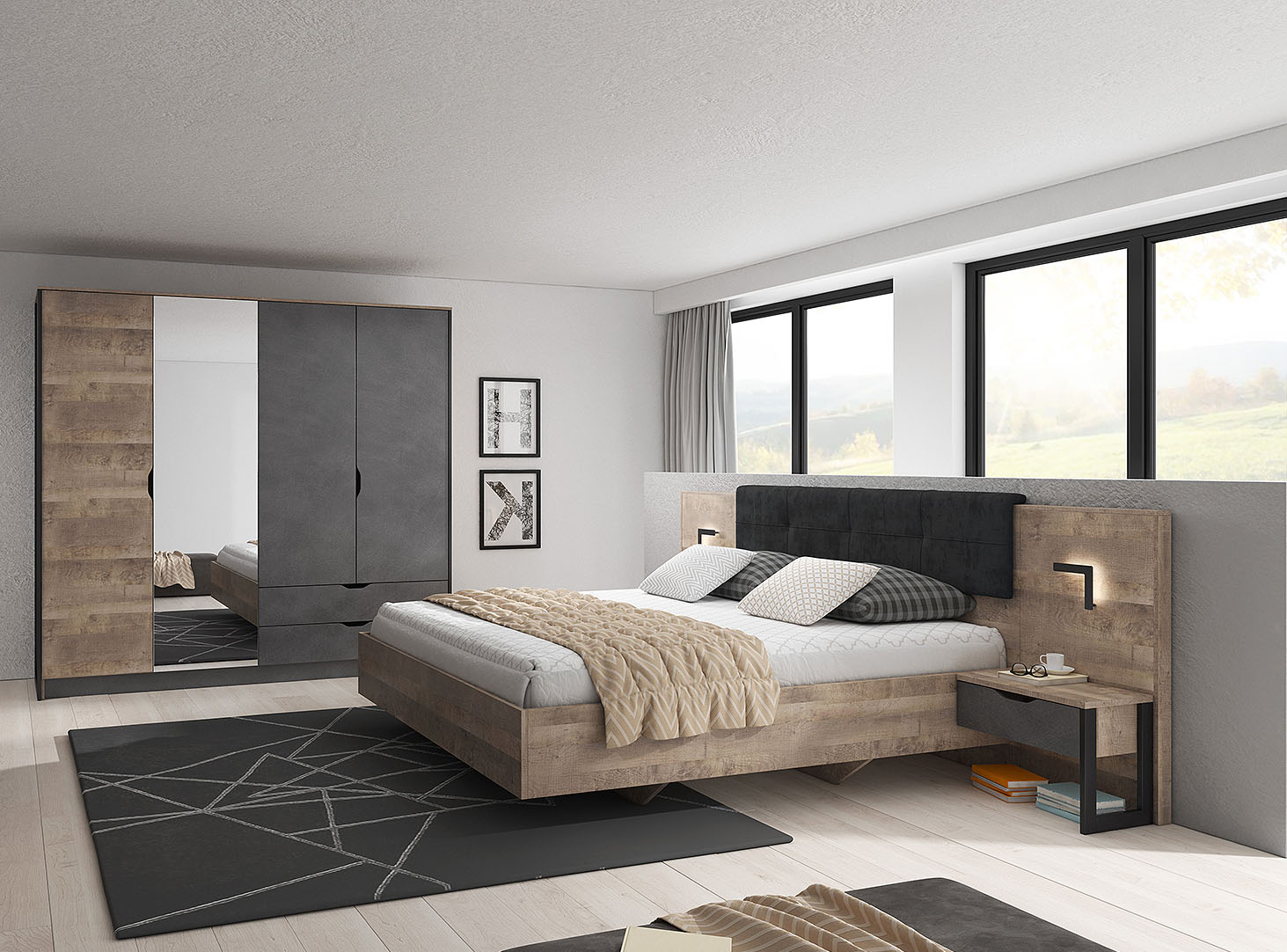Ložnice Carlos s polstrovanou postelí industriální styl