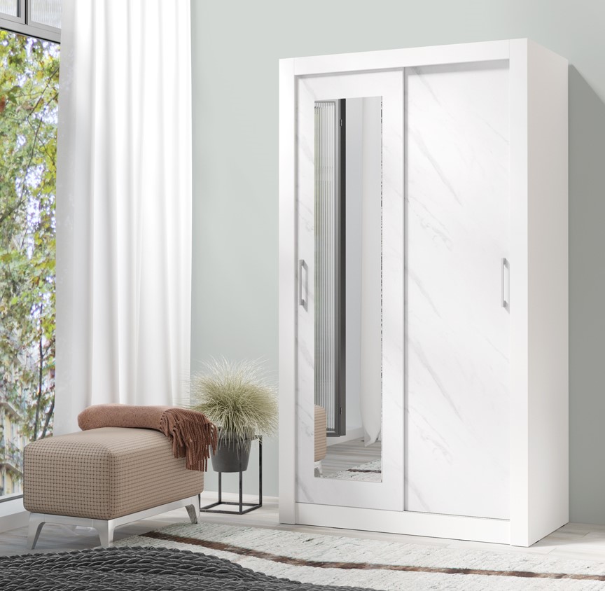 Bílá skříň do ložnice s posuvnými zrcadlovými dveřmi In Box 120 cm