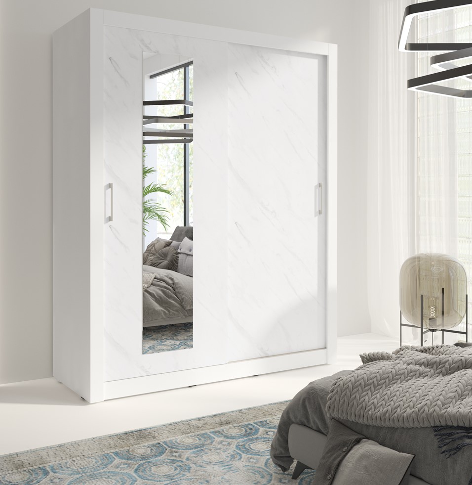 Bílá skříň do ložnice s posuvnými zrcadlovými dveřmi In Box 180 cm