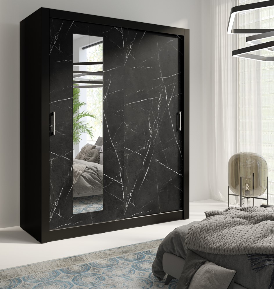 Skříň do ložnice s posuvnými zrcadlovými dveřmi In Box černá / black royal 180 cm