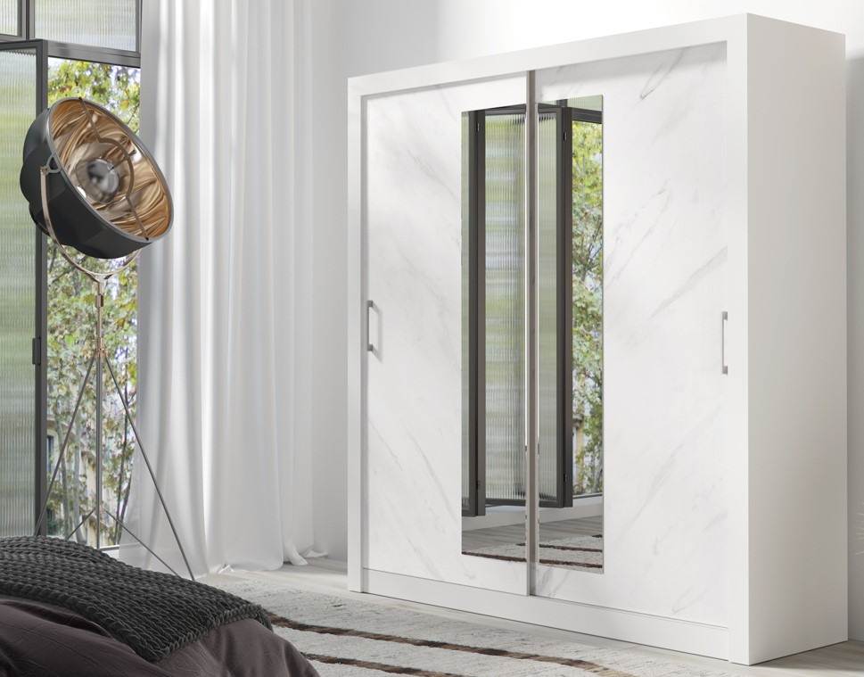 Skříň do ložnice s posuvnými zrcadlovými dveřmi In Box bílý lux / mramor bianco 200 cm
