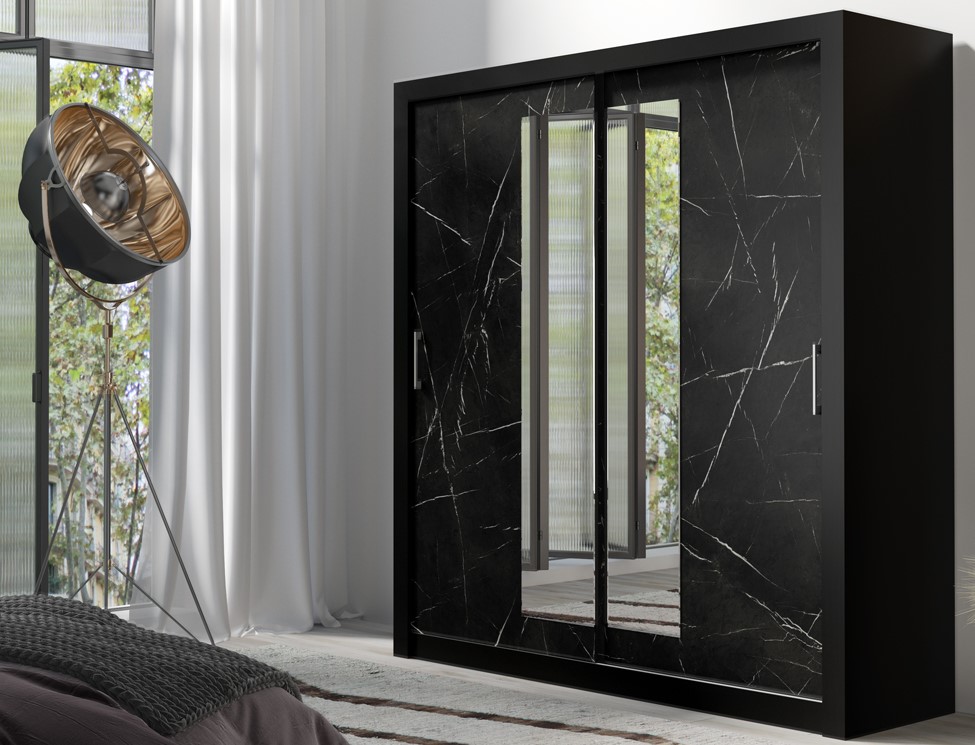 Skříň do ložnice s posuvnými zrcadlovými dveřmi In Box černá / black royal 200 cm